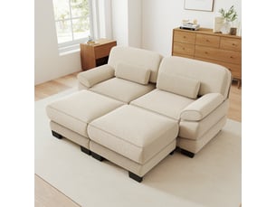 Canapé modulable 2 places en velours côtelé beige, avec 2 poufs, assise profonde, coussin lombaire, 194×161×94 cm