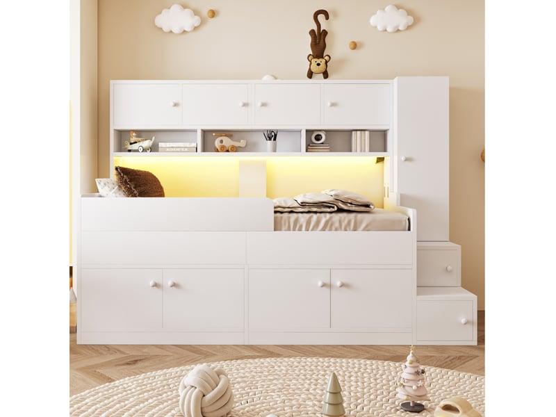  Elvmi lit enfant en bois 90x200 cm avec grand espace de rangement, armoire intégrée, étagères, échelle latérale de rangement, led multicolore et garde-corps de sécurité, blanc  - Conforama E