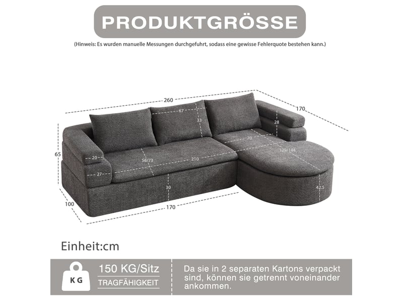  Canapé d'angle 3 places avec méridienne droite et coussins de dossier en chenille gris anthracite, 260 × 170 × 65 cm  - Conforama C
