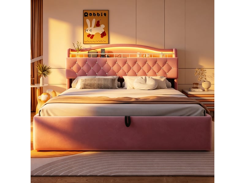  Lit coffre 180x200 cm, lit double, rangement hydraulique, led, usb et usb-c, velours rose  - Conforama D