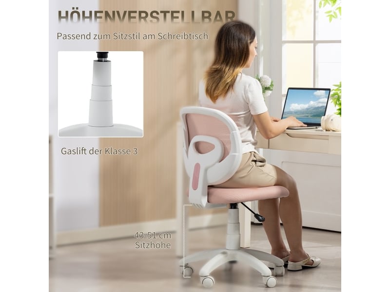  Chaise de bureau rose à dossier en maille, hauteur réglable et rotation 360°, idéale pour le travail ou les études  - Conforama D