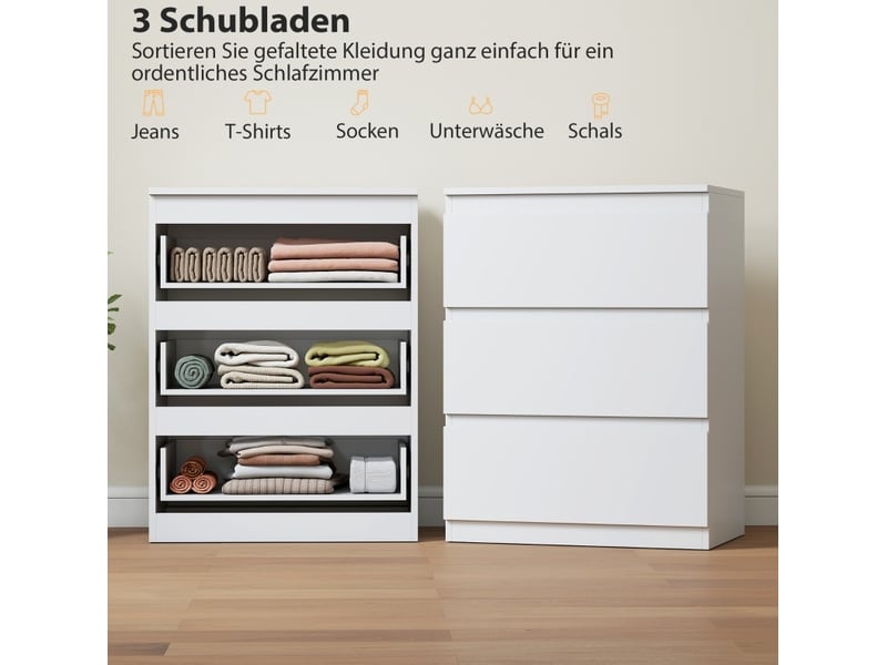  Commode avec 3 tiroirs sans poignées, patins antidérapants pour chambre, salon ou entrée en panneau blanc fsc  - Conforama D