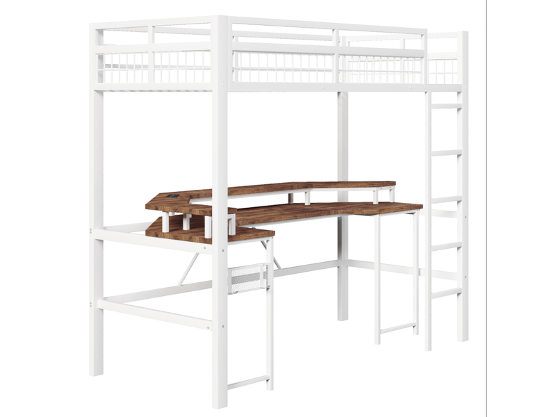  Lit mezzanine 90x200 cm avec bureau, led changeante, ports usb-c et prises, mdf et métal, blanc sans matelas  - Conforama A