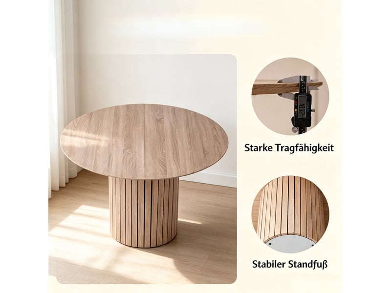  Table à manger ronde en bois clair 120 cm, 4 à 6 places, piètement cylindrique, style moderne et minimaliste  - Conforama D