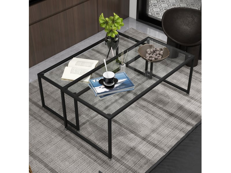  2 tables basses gigognes avec plateaux en verre trempé et pieds réglables pour salon en acier noir transparent  - Conforama B