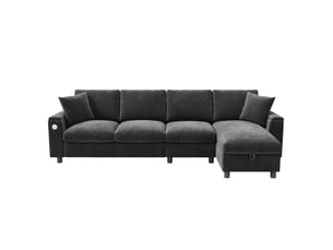 Canapé d'angle réversible convertible <strong>KORFEE</strong> <strong></strong> 4 places Tissu gris avec coffre de rangement