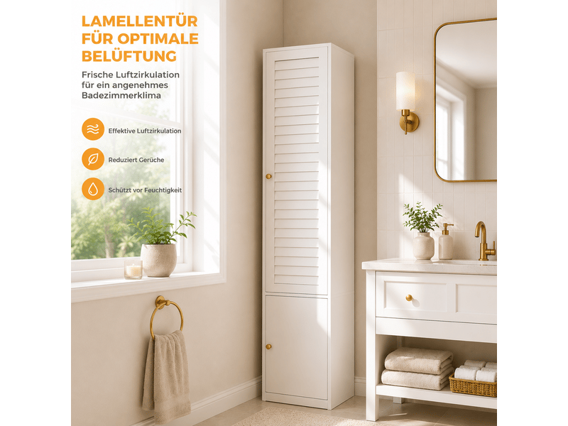  Armoire 1 porte blanche haute étroite avec porte persienne - penderie et 3 étagères - 45x50x200 cm  - Conforama R