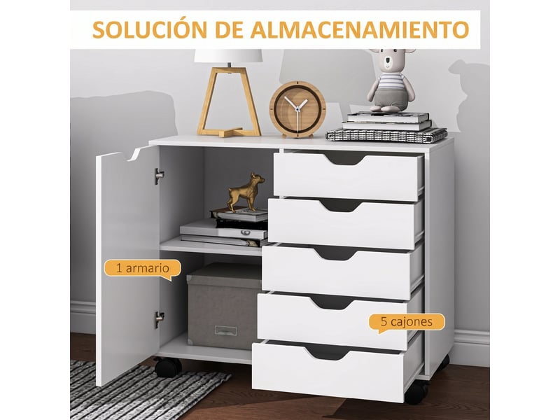  Meuble de bureau à 5 tiroirs, roulettes, étagère réglable, support pour imprimante, 78 x 40 x 66,5 cm, blanc  - Conforama E