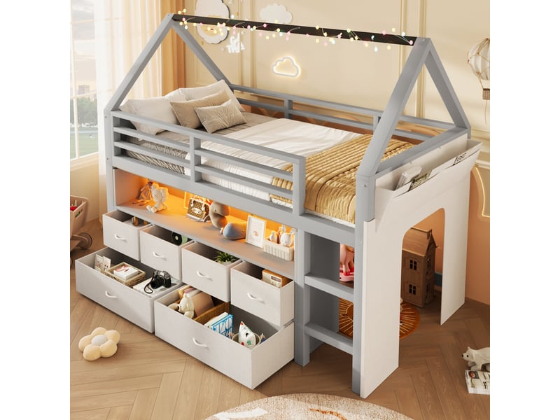  Lit surélevé enfant 90x200 cm gris avec 6 tiroirs en tissu et guirlande led  - Conforama E