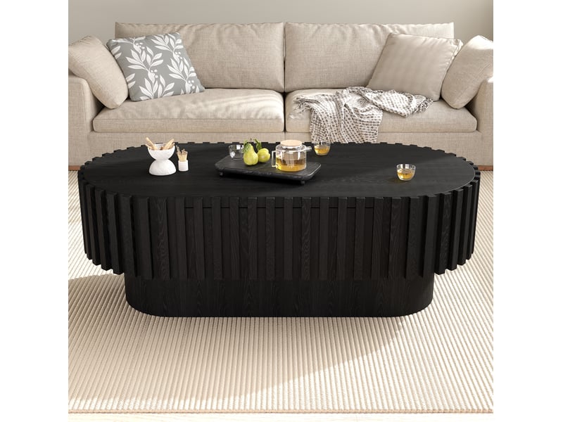  Table basse ovale 100x50x35,5 cm avec tiroir en mdf couleur noire, décor à bandes verticales, design moderne  - Conforama D
