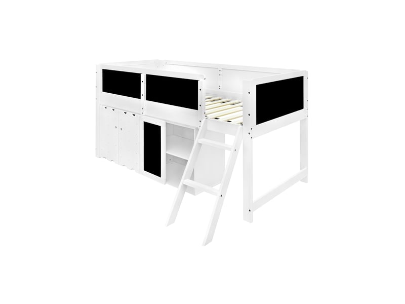  Lit mezzanine enfant 90x200 cm blanc avec placards, tableau, échelle et barrières  - Conforama E