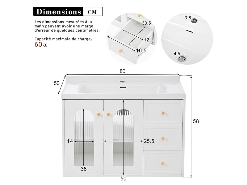  Meuble de salle de bain suspendu 80x50x58 cm, vasque, tiroirs, porte en verre ondulé, armoire de rangement, mdf blanc  - Conforama C