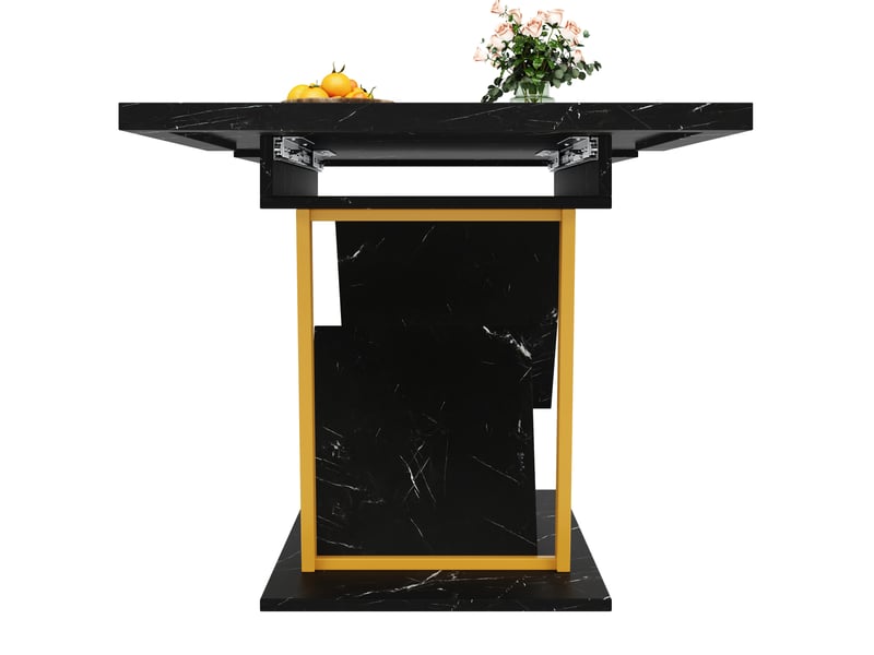  Table à manger extensible 110140x80x76 cm rallonge intégrée plateau effet marbre(matériau non marbré), mdf+métal, noir  - Conforama E