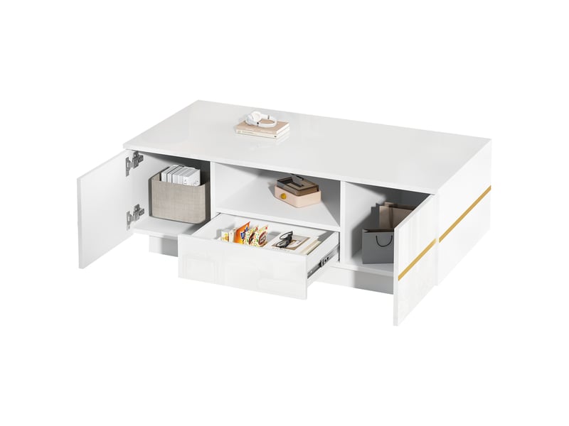  Table basse 100x50x35.5 cm - led intégrée - 2 portes à charnières - tiroir - tablette semi-ouverte - convertible - blanc et or ABC - Conforama A