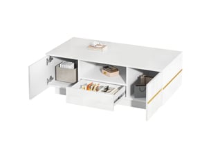 Table basse 100x50x35.5 cm - led intégrée - 2 portes à charnières - tiroir - tablette semi-ouverte - convertible - blanc et or