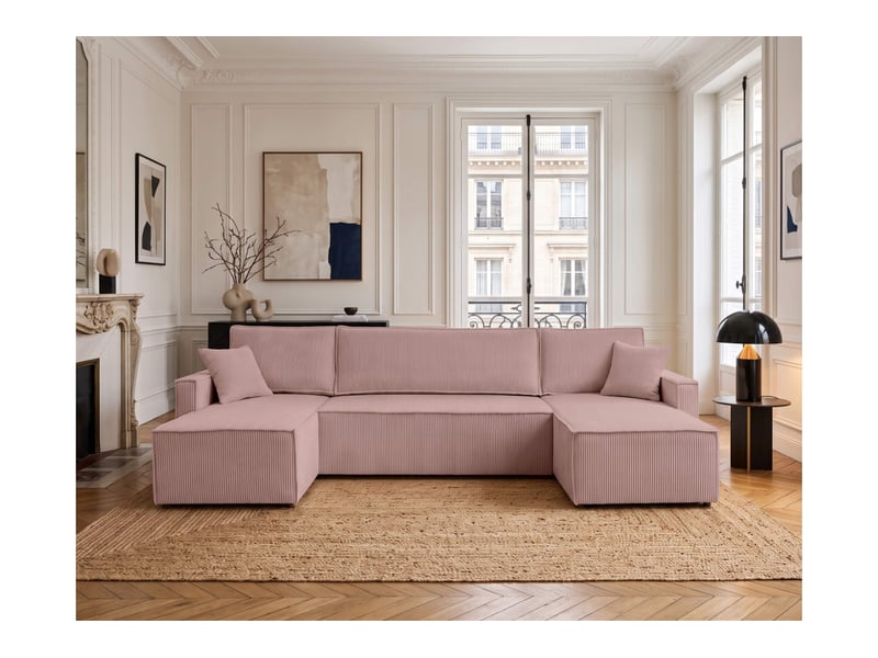  Farah - canapé d'angle panoramique convertible 6 places accoudoirs slim en velours cotelé  - Conforama B