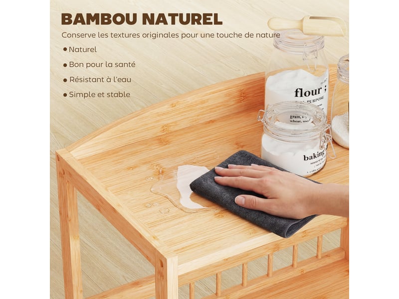 Chariot de cuisine à 3 niveaux, desserte à roulettes en bambou pour chambre, salon, bureau, 53x30,5x83cm, bois naturel - Conforama R