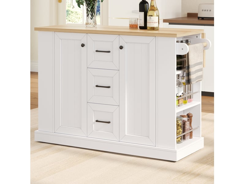  Îlot de cuisine mobile avec plateau rabattable et 2 portes 3 tiroirs 120x70x90 cm blanc  - Conforama B