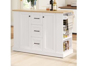 Îlot de cuisine mobile avec plateau rabattable et 2 portes 3 tiroirs 120x70x90 cm blanc
