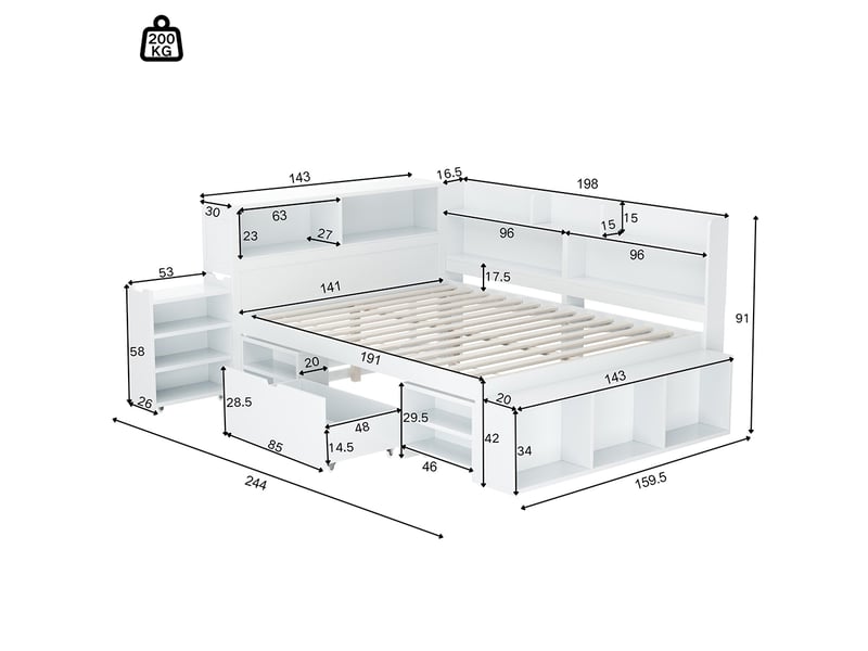  Lit enfant 140x190cm, lit double avec tiroirs et étagères de rangement, cadre de lit avec tables de chevet, sommier à lattes, blanc  - Conforama E