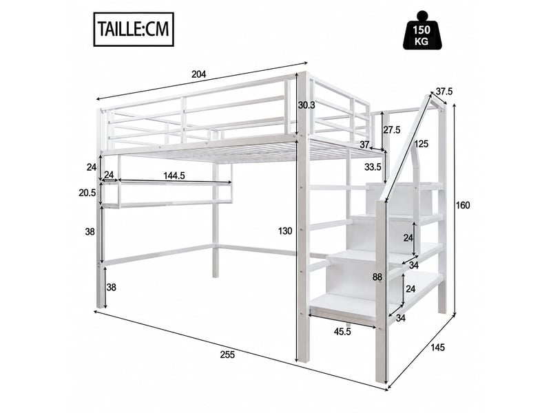  Lit mezzanine enfant 140 x 200 cm avec espace libre sous le lit, étagères et échelle de rangement, métal et mdf blanc, sans matelas  - Conforama C