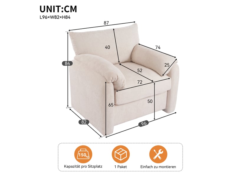  Fauteuil large avec assise profonde, mousse haute élasticité et accoudoirs rembourrés en chenille beige  - Conforama D