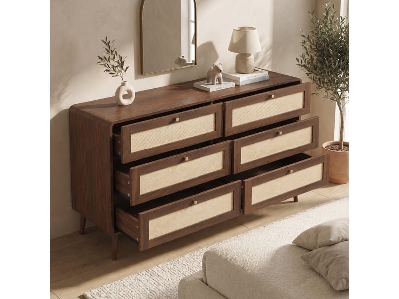  Commode modenvie 6 tiroirs 120 x 40 x 80 cm mdf décor noyer et panneaux effet rotin pe  - Conforama B