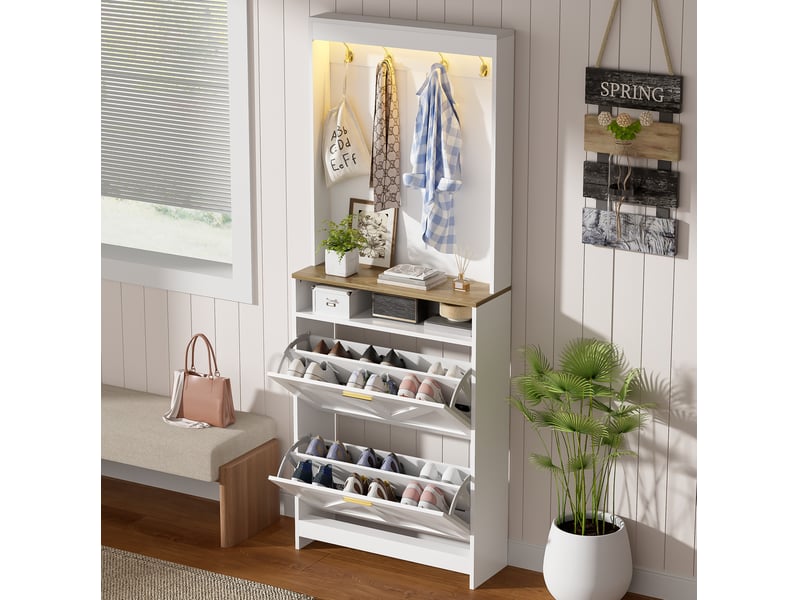 Armoire à chaussures led avec 2 abattants et crochets pour entrée et couloir, blanc et naturel, 70 × 24 × 180 cm - Conforama C