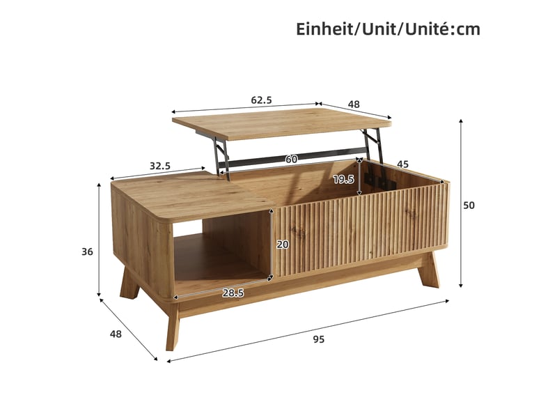  Table basse 95x48x50 cm, plateau escamotable, espace de rangement, table de salon, table basse salon, en mdf, naturel  - Conforama C