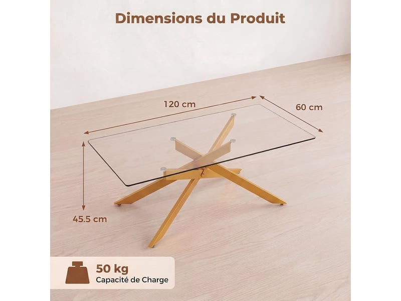  Table basse avec pieds en tubes métalliques croisés, plateau en verre trempé &amp; patins réglables, table à café style industriel, pour salon (doré)  - Conforama D