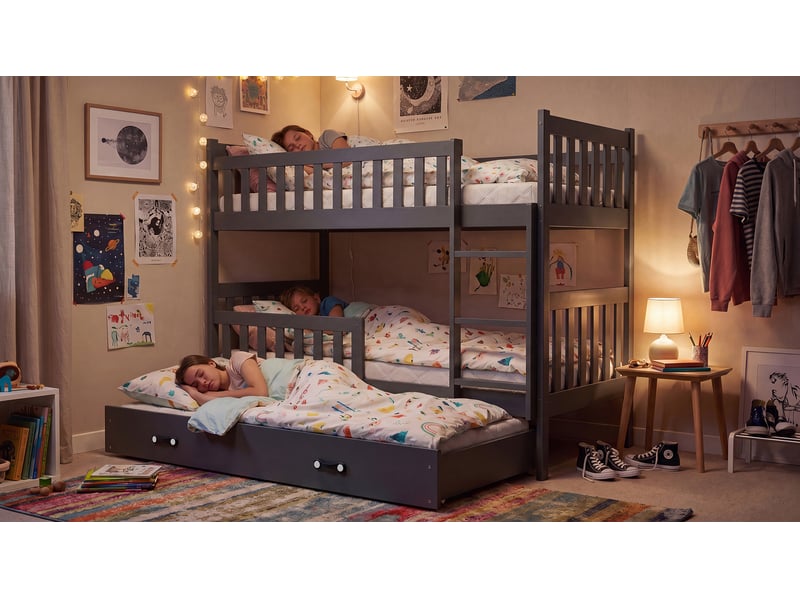 Lit superposé 3 places quba 90x190 cm + lit tiroir 80x180 cm interbeds - bois massif de pin - gris - Conforama E