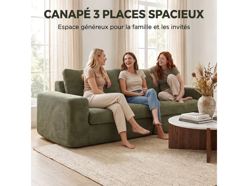  Canapé 3 places en velours côtelé, canapé de salon compressé moderne 236 cm avec coussin à ressorts, vert  - Conforama D