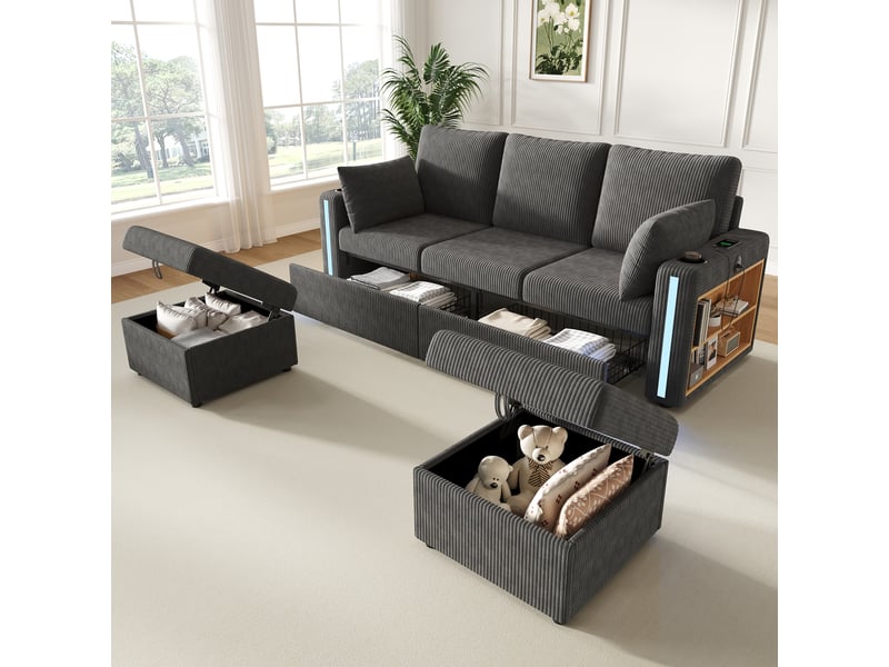  Canapé modulaire u ou l 5-6 places avec led et ports usb - lpospi - rangements en velours côtelé gris  - Conforama C