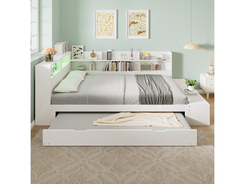  Lit banquette simple 120×200 et 90×190 cm, rangement, led et prise de charge - okmyhome- bois blanc, sans matelas  - Conforama C