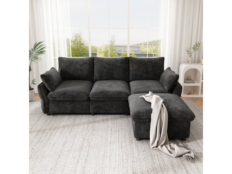Canapé d'angle 3 places avec pouf, revêtement en chenille gris foncé, design moderne et coussins amovibles pour salon & petit appartement - Conforama D