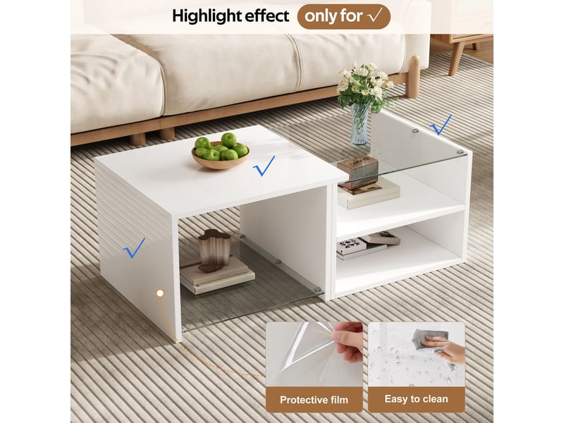  Table basse compartiments ouverts plateau en verre panneaux de particules éclairage led finition brillante conception à niveaux décalés  - Conforama D