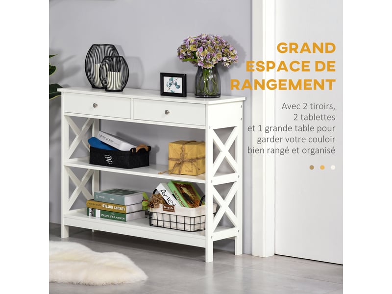 Table de console table d'entrée style table de drapier néo-rétro 2 tiroirs 2 étagères dim. 100l x 30,5l x 80h cm en bois blanc  - Conforama D