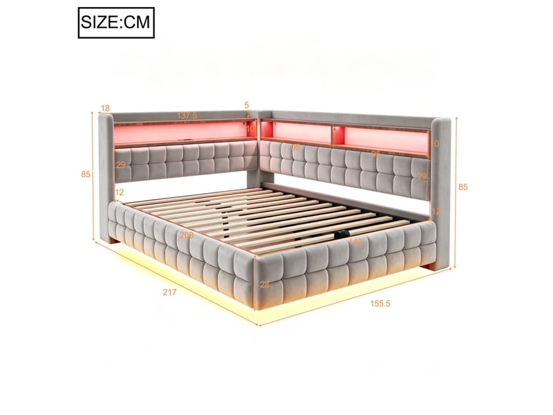  Lit banquette 140 × 200 cm 2 places avec coffre hydraulique, led, étagères, usb et type-c, sans matelas, gris clair  - Conforama D