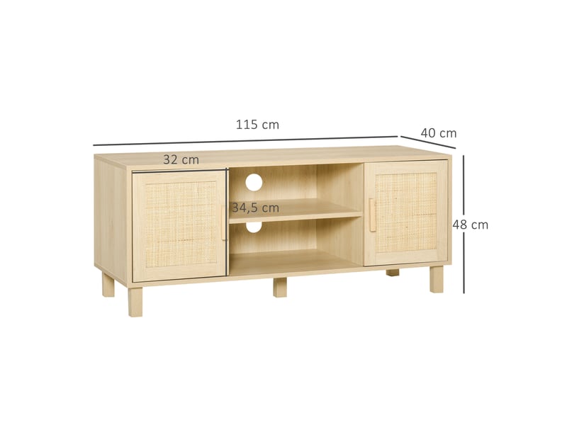  Meuble tv banc tv 2 niches 2 placards porte cannage en rotin dim. 115l x 40l x 48h cm mdf aspect bois clair  - Conforama E