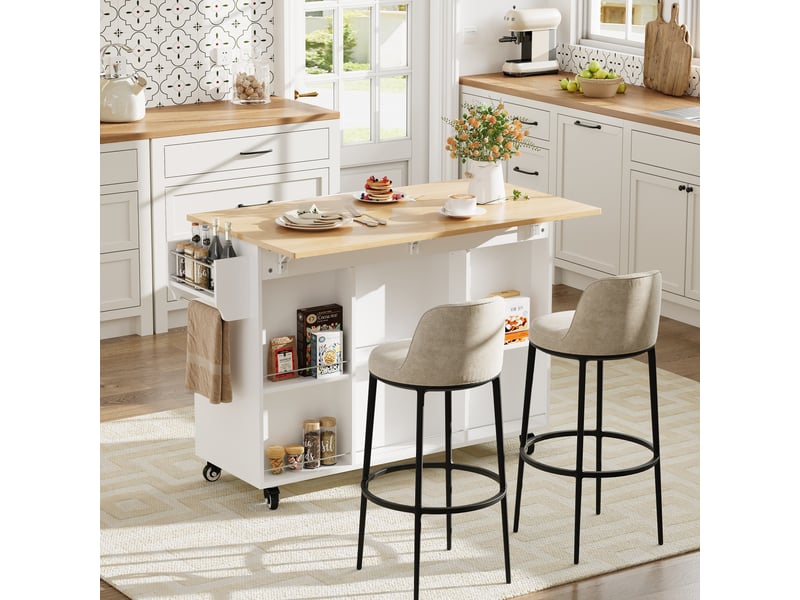  Îlot de cuisine sur roulettes 120cm, desserte avec plateau rabattable, tiroir et placard, blanc et chêne  - Conforama E