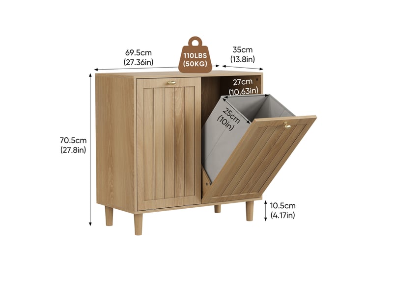  Meuble à linge tcqpz avec 2 paniers amovibles 69,5 x 35 x 70,5 cm armoire à linge sur pied mdf coloris chêne  - Conforama D