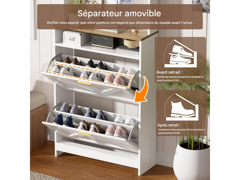  Meuble à chaussures 2 abattants patères led blanc et naturel 70x24x180 cm  - Conforama E