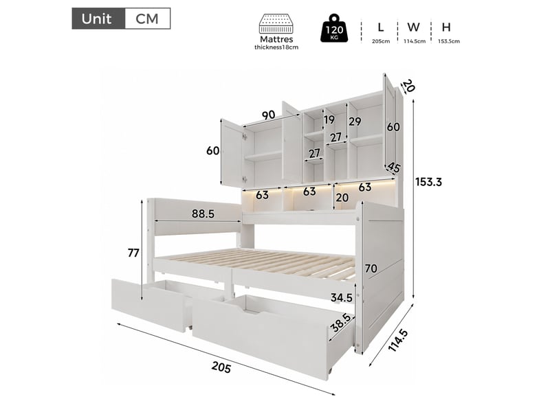  Lit enfant 90 × 200 cm 1 place avec led, usb, usb-c, prise, étagères, placards et 2 tiroirs, sans matelas, blanc  - Conforama D