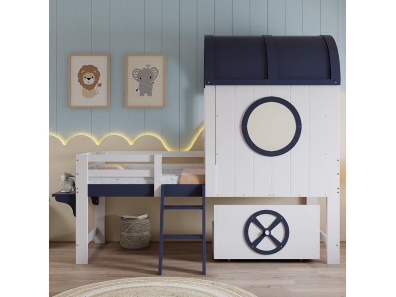 Lit mezzanine enfant 90x200 cm – blanc et bleu foncé – toit, tiroir à roulettes et échelle inclinée – sans matelas - Conforama B