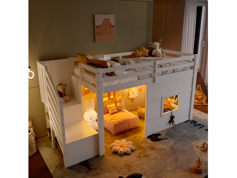  Lit mezzanine 90x200 cm avec escalier de rangement et fenêtre, blanc  - Conforama C