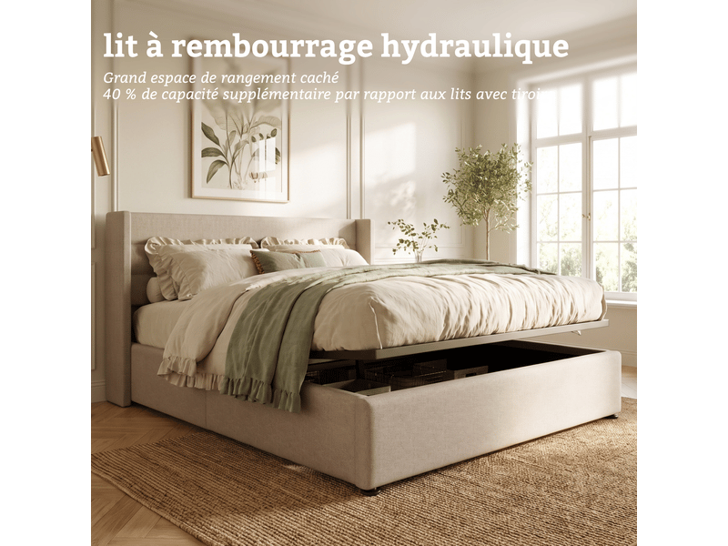  Lit coffre 160x200 cm avec rangement, lit double rembourré en lin - cadre de lit hydraulique - capacité de charge 350 kg, lin beige  - Conforama D