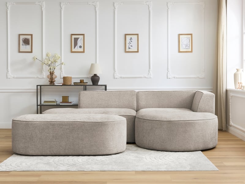 Bobochic canapé d'angle fixe rousseau tissu texturé avec pouf beige angle droit ROUSSEAU - Conforama D