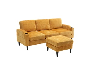 Canapé 4 places jaune en chenille avec pouf de rangement, porte-gobelets et poches latérales