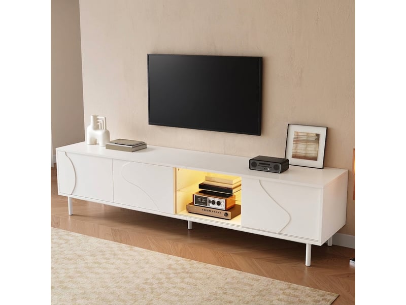  Meuble tv blanc 180 cm avec portes coulissantes mdf mat led app  - Conforama E