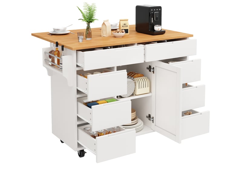Îlot de cuisine 122x46(74,5)x91,5 cm, 8 tiroirs, 1 porte, plateau pliable, pour cuisine, en mdf et métal, bois et blanc - Conforama A